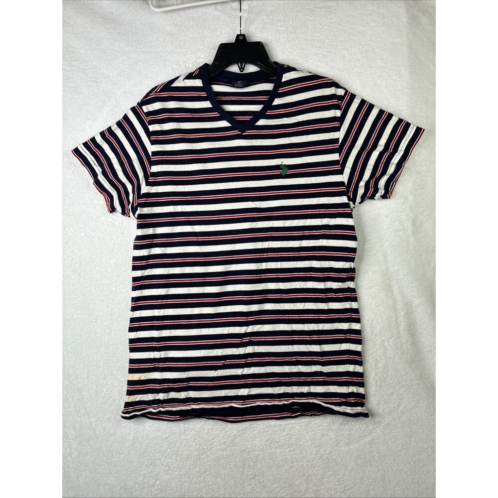 US Polo Assn Mens L Navy Red White Striped V Neck T Shirt Cotton Logo Tee